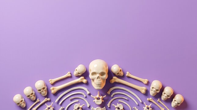 A collection of small human skulls and bones arranged in a symmetrical pattern against a solid light purple background backdrop