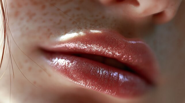 Close-up of beautiful lips with a glossy finish and natural freckles.
