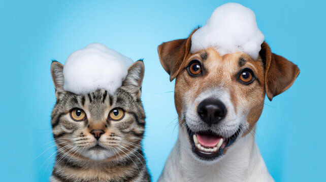 Cute tabby cat and Jack Russell Terrier dog with soap foam hats on a blue background