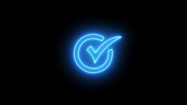 Neon check mark symbol inside circle with purple and blue gradient neon glow on black background motion animation.