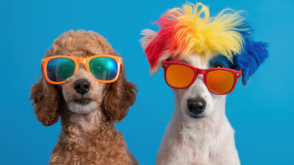 Fototapeta premium Two adorable poodles in colorful sunglasses for a fun, playful summer concept.