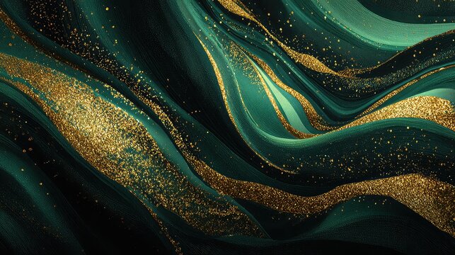 Flowing Green Fabric with Gold Glitter Texture and Abstract Design