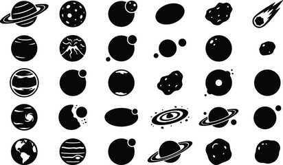 Planet and Space Object 30 Solid Icons Set, Planets, Moons, Saturn, Earth, Asteroids, Comets and Cosmic Astronomy Symbols © Subas