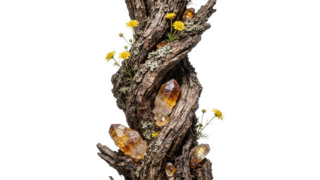 Rough bark tree trunk with citrine crystals and yellow wildflowers, isolated on transparent background