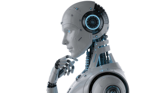 Humanoid robot with glowing blue eyes chin resting on finger, isolated on transparent background