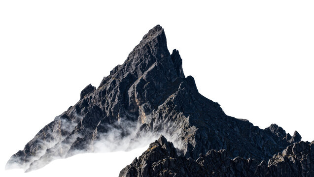 Jagged dark grey mountain peak with wisps of white fog, isolated on transparent background