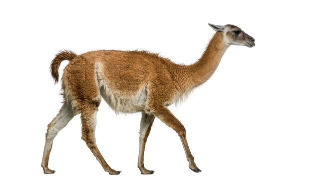 Brown guanaco walking, isolated on transparent background