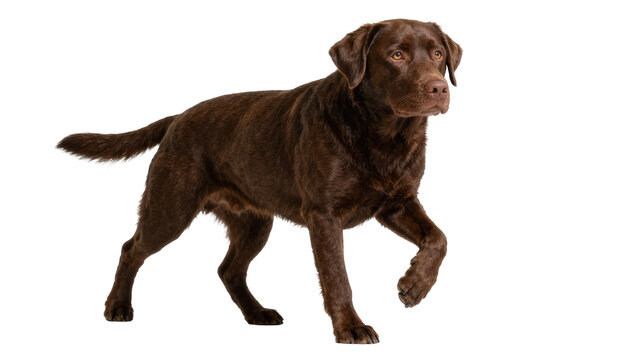 Chocolate Labrador Retriever dog walking, isolated on transparent background