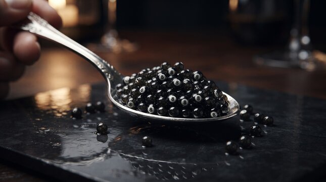 A spoonful of black caviar where each bead is a highly detailed miniature black 8-ball from a pool table, representing the high-stakes luxury and exclusive games of fine dining.