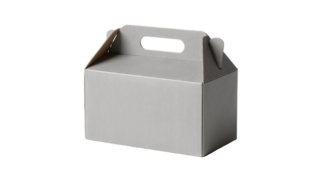 Gray cardboard gable box with handle, isolated on transparent background