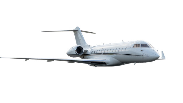 Sleek white private jet airplane with swept wings, isolated on transparent background
