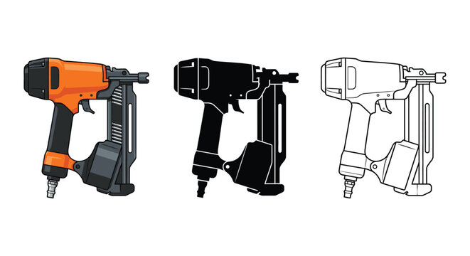 Nail gun illustrations in color silhouette and line art on a white background
