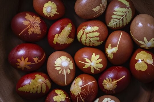 Eggs with decorative plant patterns in various shades of natural red