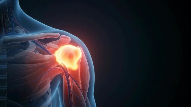 3D medical animation of the human shoulder anatomy showing muscles, bones, and blood vessels on a dark background.