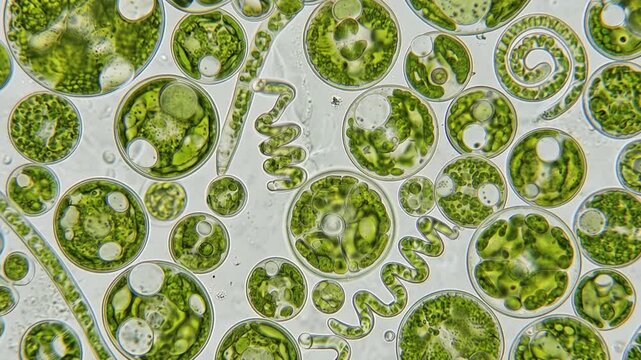 Green microalgae cells viewed through a microscope, intricate shapes and cellular structures visible on a glass slide, renewable biofuel research concept