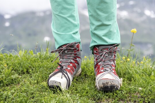 Detached shoe sole, Broken hiking shoes provisionally repaired with adhesive tape, Bavaria, Germany
