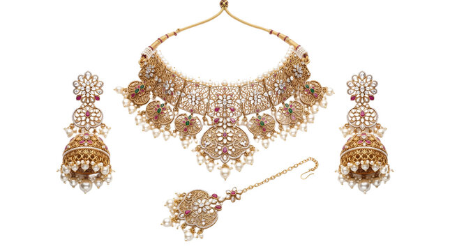 Traditional Indian bridal jewelry set, ornate gold necklace with ruby and pearl accents, elegant jhumka earrings and maang tikka
