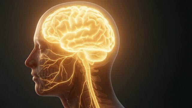 Medical 3D illustration of human head anatomy featuring highlighted glowing nerves and brain structure from a profile view.