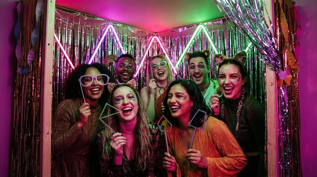 Queer friend group posing inside a neon photo booth at a Halloween house party