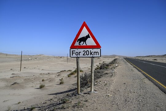 Sign warning of brown hyenas or beach wolves (Parahyaena brunnea), near L&uuml;deritz, Karas Region, Namibia