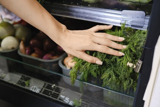 Hand reaches for dill in grocery store produce section. Shelves display various vegetables and herbs. Shopper looks for fresh ingredients for cooking