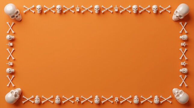 A rectangular frame made of small white pearls and crossed wooden sticks arranged on a vibrant orange background surface