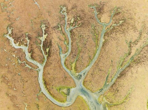 Abstract patterns at low tide in the marshland of the Walvis Bay lagoon. Aerial view. Drone shot. Walvis Bay, Namibia