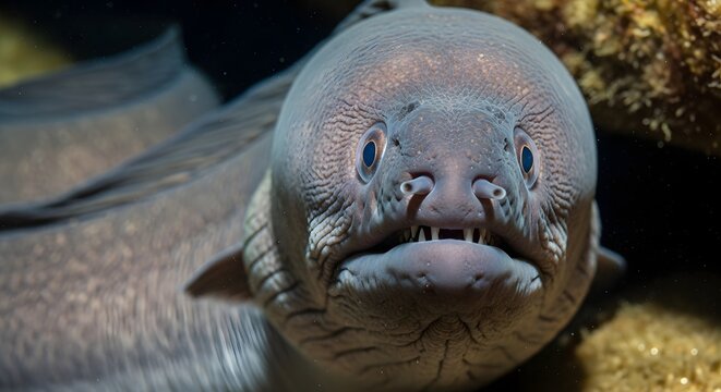Moray eel face with sharp teeth during underwater exploration in a reef environment