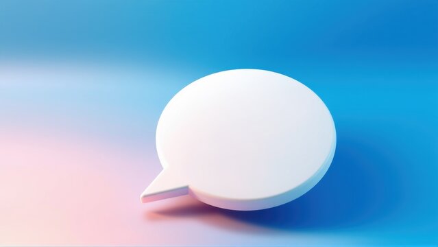 White speech bubble sits upon blurred blue, pink gradient background. Minimalist design, clean aesthetic, simple composition.