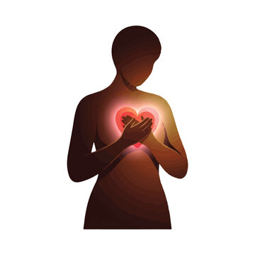 Heart Attack Symptoms Vector Illustration. Medical Concept of Chest Pain and Cardiac Arrest. Unconscious Person Holding Chest. Glowing Anatomical Heart with Acute Pain. Cardiovascular Health
