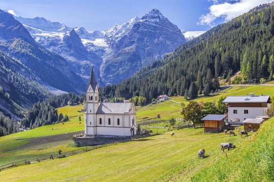 View of the village with the Church of the Visitation of the Virgin Mary and the Trafoier Ice Wall 3565m, Trafoi, Trafoital, Ortler Alps, Province of Bolzano, South Tyrol, Trentino-Alto Adige, Northern Italy, Italy