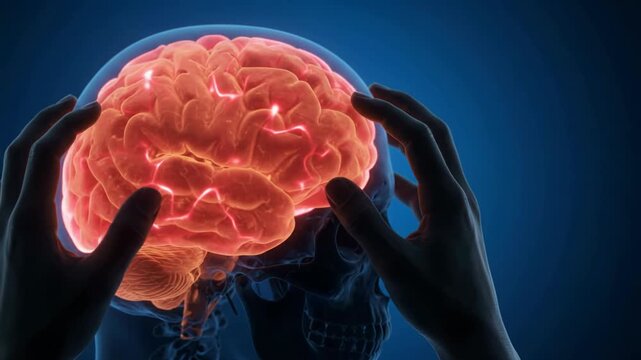 Medical video of a glowing human brain animation inside a translucent skull held by hands on a blue background.