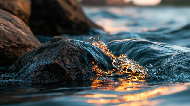 Gentle waves dancing over smooth rocks reflecting sunlight in a tranquil water scene.
