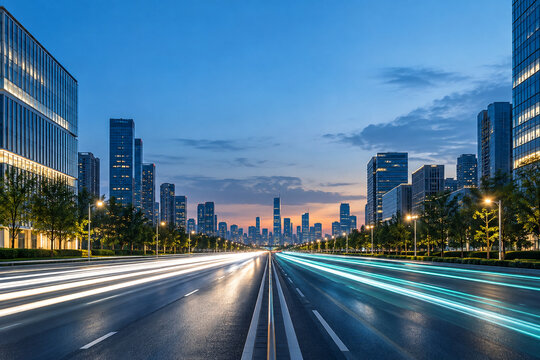 Smart City Mobility Light Trails on Modern Avenue at Dusk