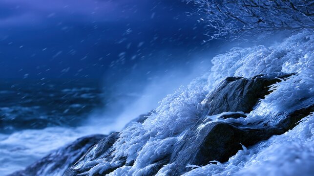 Snow-covered rocky coastline under a moody sky with waves crashing and blowing winds