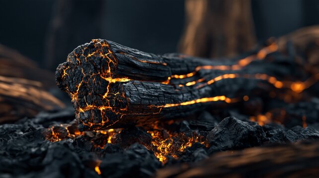 Glowing ember in a dark setting, showcasing the beauty of charred wood and warmth.