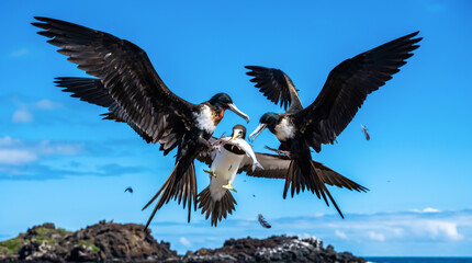 Obraz premium Two Male Frigatebirds Compete for Prey Mid-Air Over Rocky Shoreline