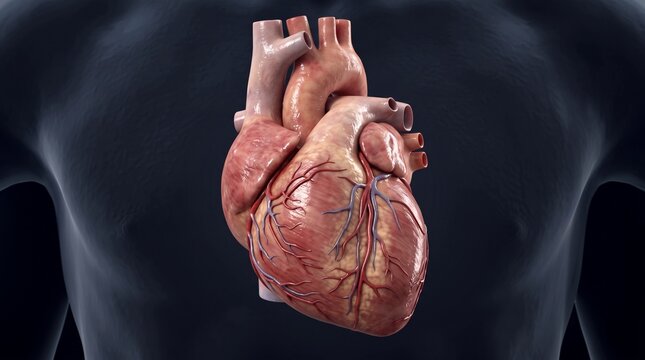 Realistic 3D human heart anatomy model with coronary arteries on dark silhouette background