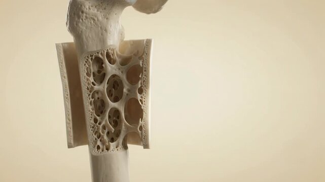 Close-up medical 3D animation of a human femur with a surgical implant or bone graft procedure.