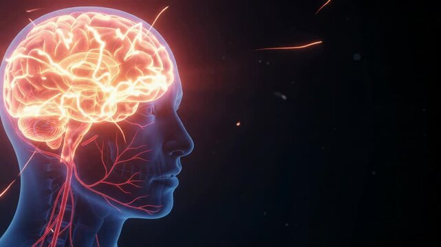 Medical 3D video showing the human nervous system with red glowing facial nerves on a blue anatomical head against a dark background.