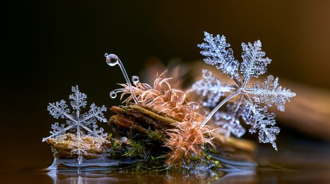 Intricate snowflakes resting on moss, showcasing nature's delicate beauty and complexity.