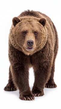 Grizzly bear stands confidently with detailed fur texture, showcasing its majestic appearance. The powerful predator is isolated on white background. Image made using Generative AI.