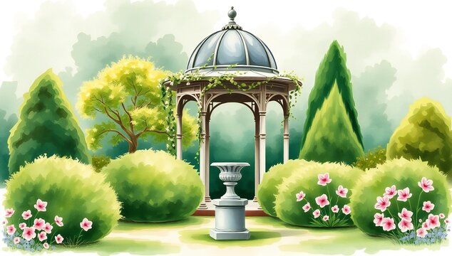 Serene garden gazebo with lush greenery