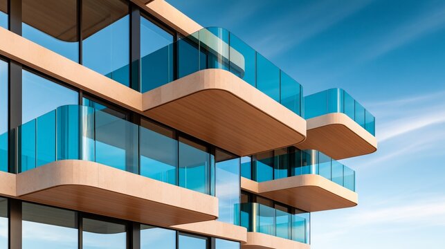 Modern architectural design featuring sleek glass balconies and open spaces.