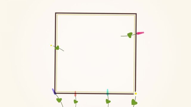 Minimalist square frame with stylized flowers and hearts