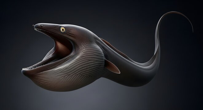 Moray eel with open mouth during underwater hunt against dark background in studio lighting