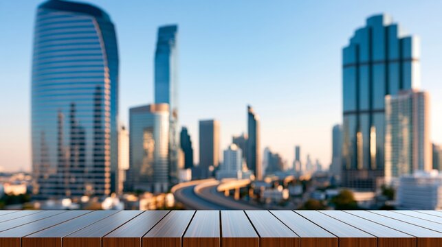 Modern cityscape with skyscrapers viewed from a wooden platform at sunset.