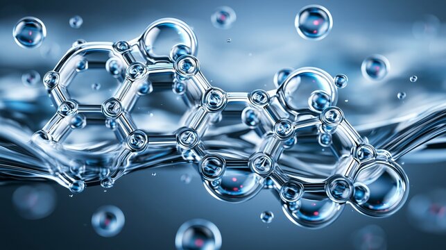 Molecular structure in water, showcasing bubbles and chemical interactions.