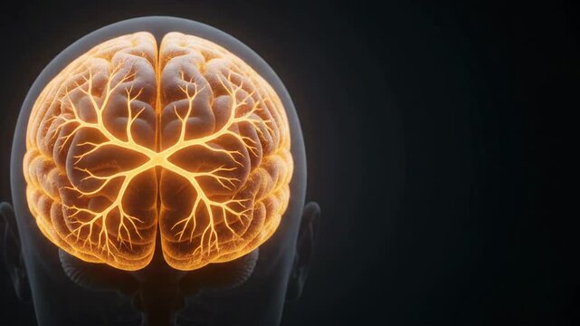 3D anatomical illustration of a human brain inside a translucent skull viewed from the back against a dark background.