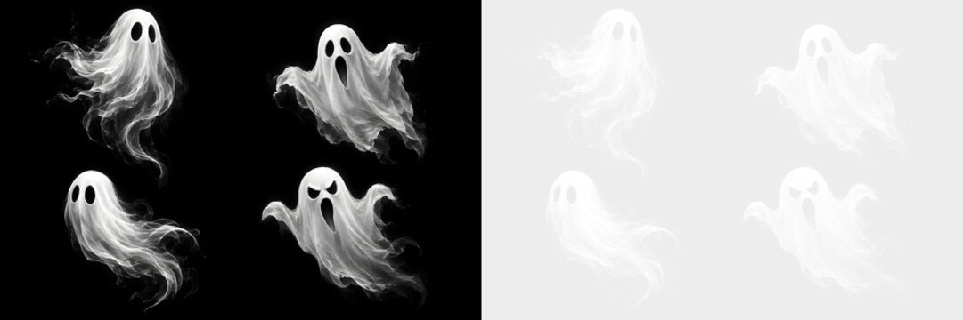 Scary Halloween ghost floating through mysterious fog. Its eerie shape creates a frightening supernatural atmosphere. Spooky PNG element for horror designs.